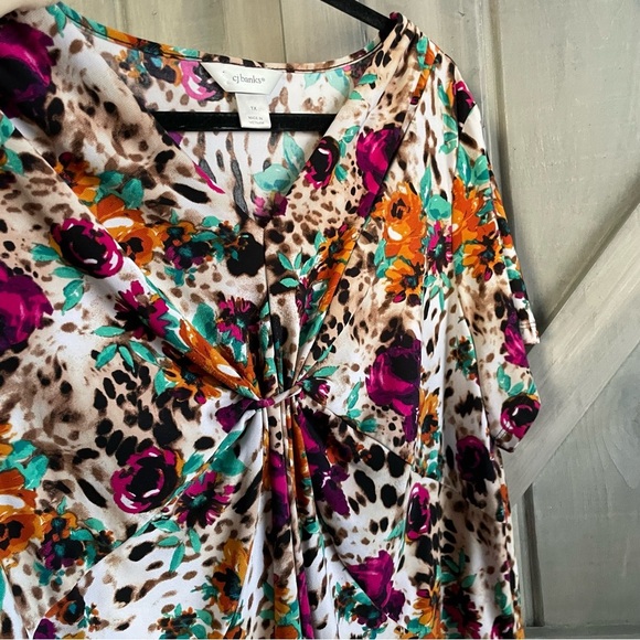 Cheetah Floral‎ Ruched Bust Blouse CJ Banks Size 1X leopard cheetah plum - Picture 7 of 8